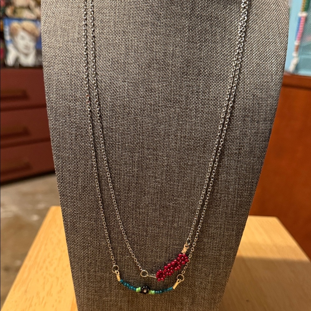 Delicate Two-Tier Silver Necklace with Red and Teal Beads